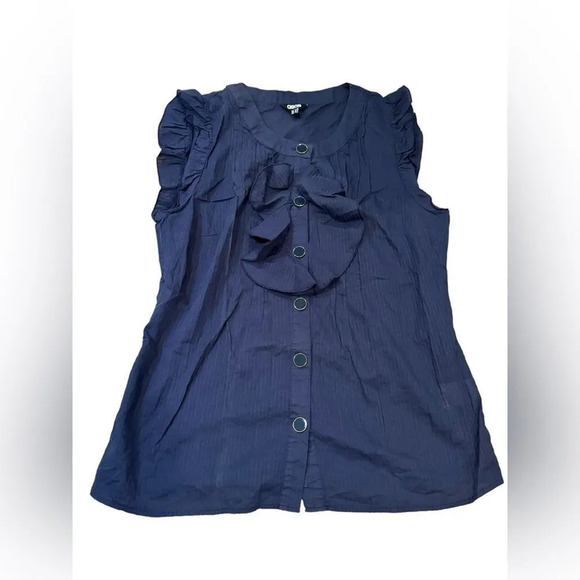EUC ASOS navy pinstripe tuxedo style ruffle sleeveless top Size 10 - Picture 1 of 6